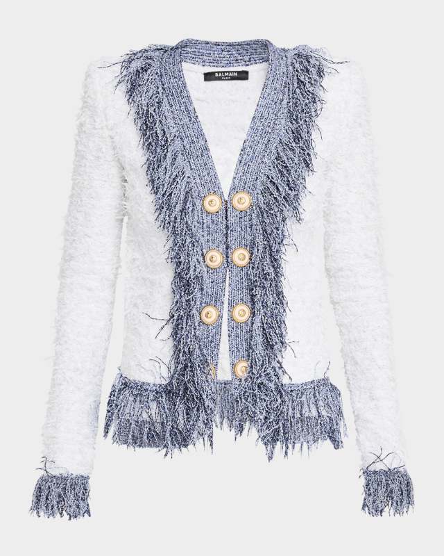 Collarless Metallic Fringed Tweed Jacket